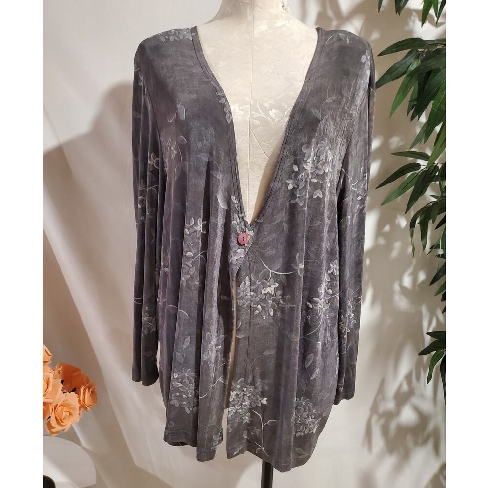 Vtg Vikki Vi Slinky Stretch One Button Cardigan Size 1X Floral Gray Layer Travel